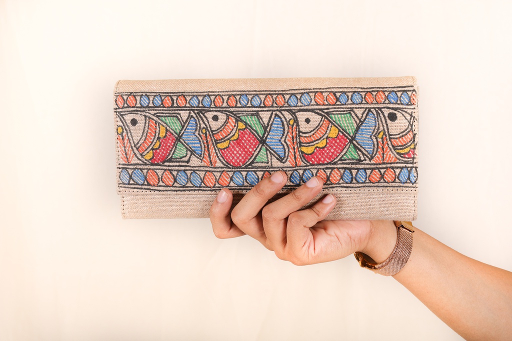 Jute Hand painted Madhubani clutch bag for special occasions