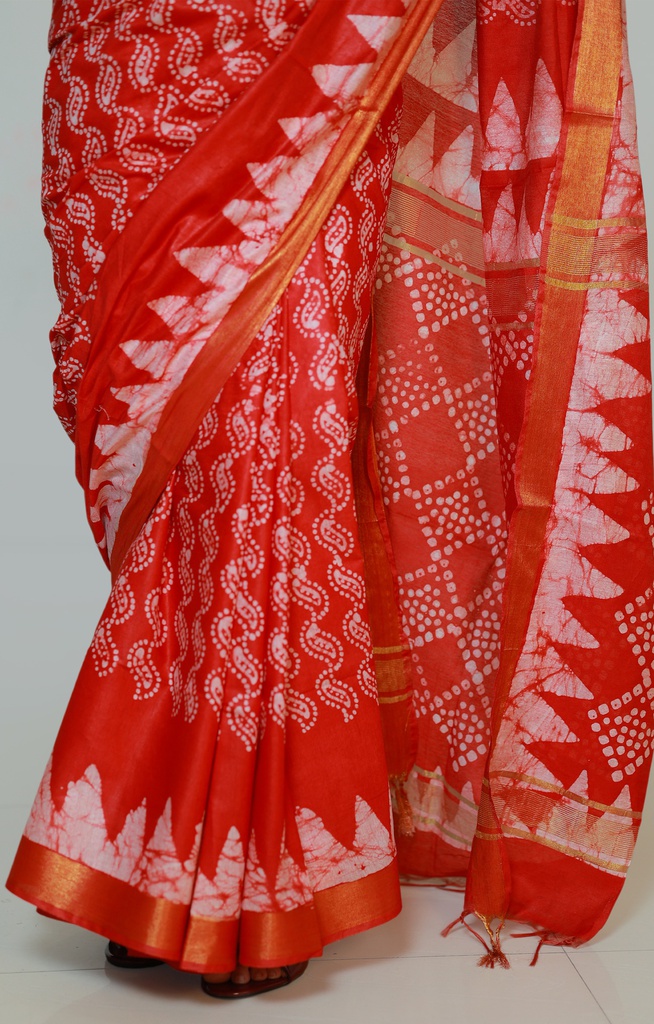 Red Cotton Batik Print Saree