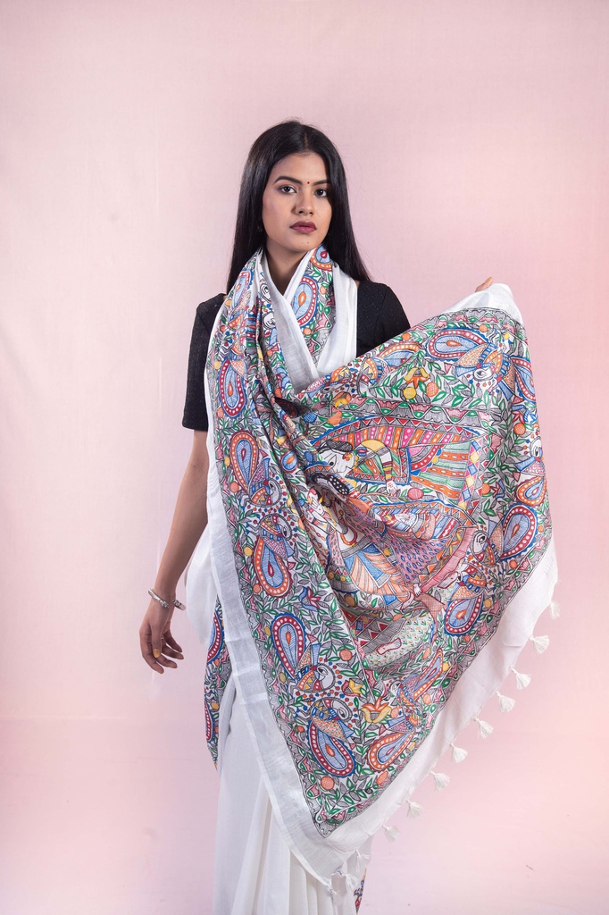 Pearl white Radha Krishna hand painted Madhubani cotton saree